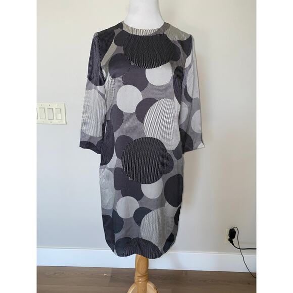 ST. EMILE 100% SILK BLACK WHITE GEOMETRIC PRINT DRESS 3/4 Sleeve Size US 6 - Picture 1 of 7